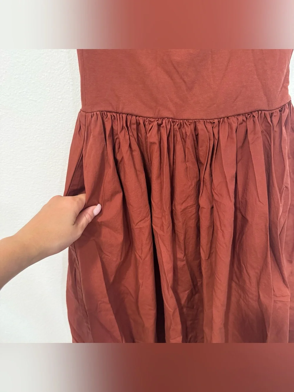 En Saison Rust Brown Mixed Media Asymmetric Neck Midi Dress XS